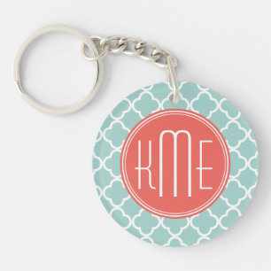 Mint en Coral Quatrefoil met aangepast Monogram Sleutelhanger