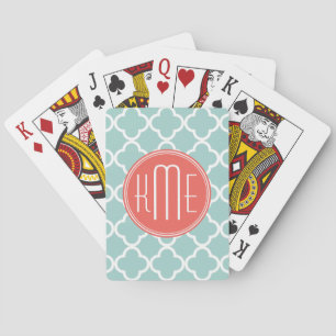 Mint en Coral Quatrefoil met aangepast Monogram Speelkaarten