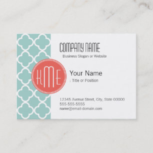 Mint en Coral Quatrefoil met aangepast Monogram Visitekaartje