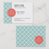 Mint en Coral Quatrefoil met aangepast Monogram Visitekaartje (Voorkant / Achterkant)