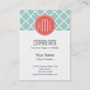 Mint en Coral Quatrefoil met aangepast Monogram Visitekaartje