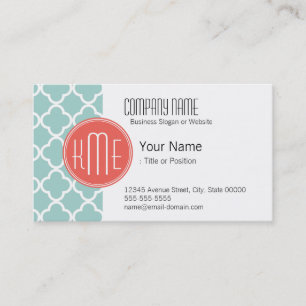 Mint en Coral Quatrefoil met aangepast Monogram Visitekaartje