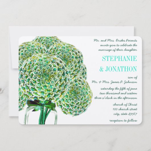 Mint en Emerald Zinnia Mason Jar Wedding Invites Kaart (Voorkant)