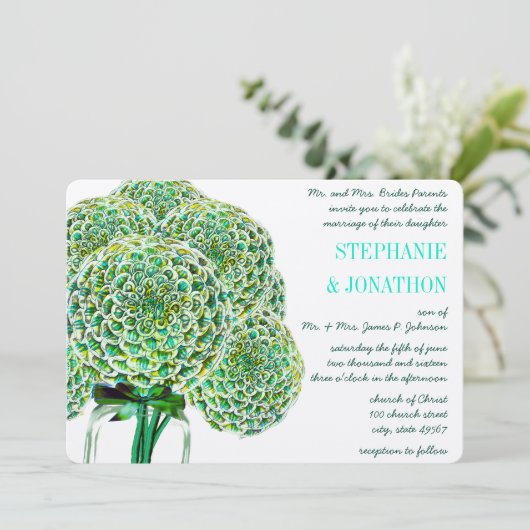 Mint en Emerald Zinnia Mason Jar Wedding Invites Kaart (Staand voorkant)