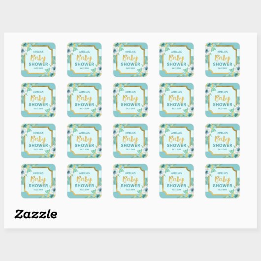 Mint en Faux Gold Floral Baby shower Vierkante Sticker (Vel)