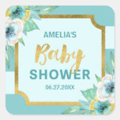 Mint en Faux Gold Floral Baby shower Vierkante Sticker (Voorkant)