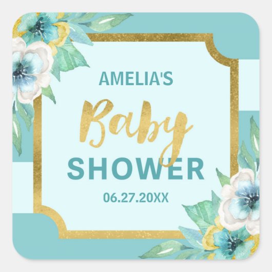 Mint en Faux Gold Floral Baby shower Vierkante Sticker (Voorkant)