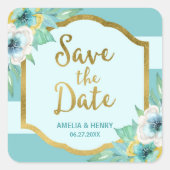 Mint en Faux Gold Floral slaan de datum op Vierkante Sticker (Voorkant)