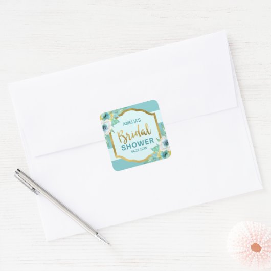 Mint en Faux Gold Floral Vrijgezellenfeest Vierkante Sticker (Envelop)
