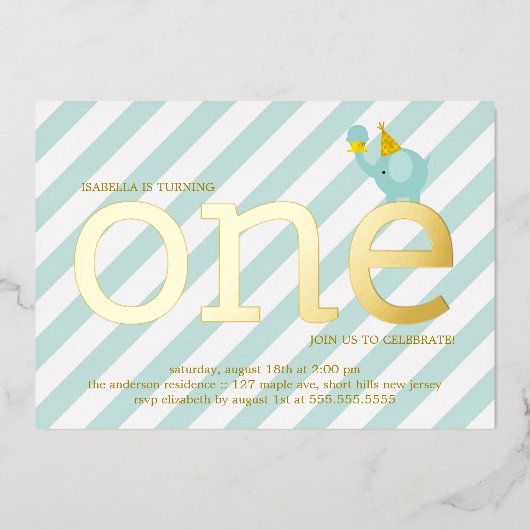 Mint en Faux Gold Foil Elephant Birthday Party in Folie Uitnodiging (Voorkant)