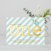 Mint en Faux Gold Foil Elephant Birthday Party in Folie Uitnodiging (Staand Voorkant)