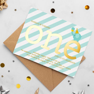 Mint en Faux Gold Foil Elephant Birthday Party in Folie Uitnodiging