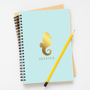Mint en Faux Gold Foil Seahorse Personalized Notitieboek