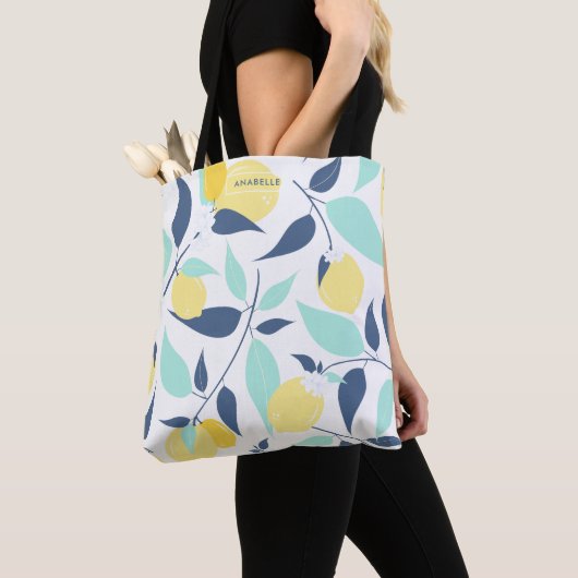 Mint en Geel Lemons Patroon Tote Bag (Dichtbij)
