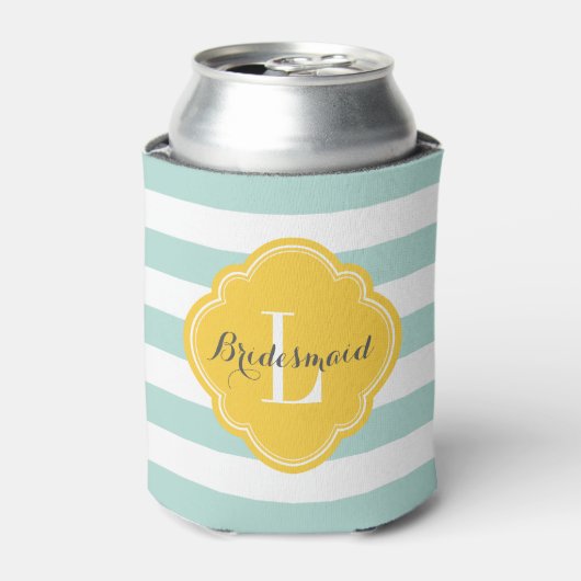 Mint en geel preppy strepenmonogram blikjeskoeler (Blikje Voorkant)