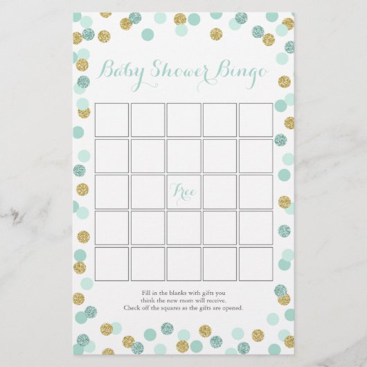 Mint en Glitter Baby shower Bingo Game Flyer (Voorkant)
