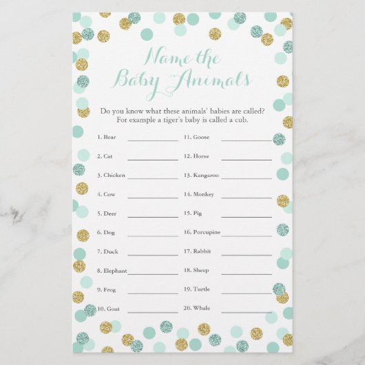 Mint en Gold Baby shower Baby Naam Dierennaam Game (Voorkant)