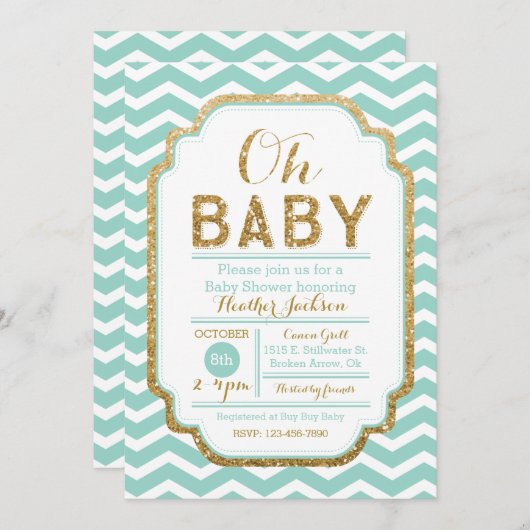 Mint en Gold Baby shower Invitation Chevron Kaart (Voorkant / Achterkant)