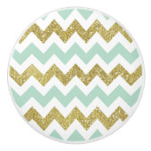 Mint en Gold Chevron Faux Glitter Stripes Keramische Knop (Voorkant)
