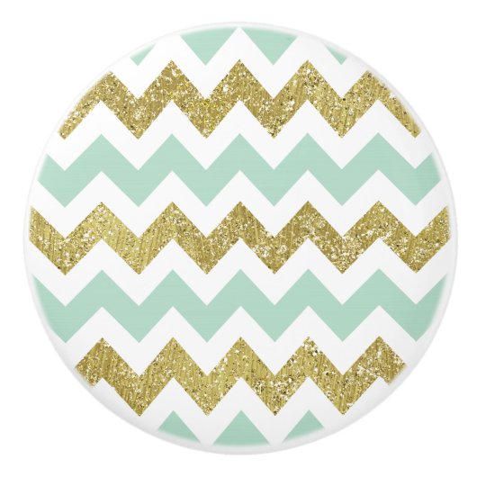 Mint en Gold Chevron Faux Glitter Stripes Keramische Knop (Voorkant)