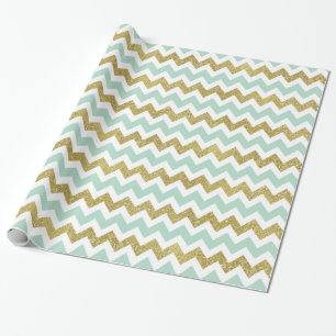 Mint en Gold Faux Glitter Chevron Cadeaupapier