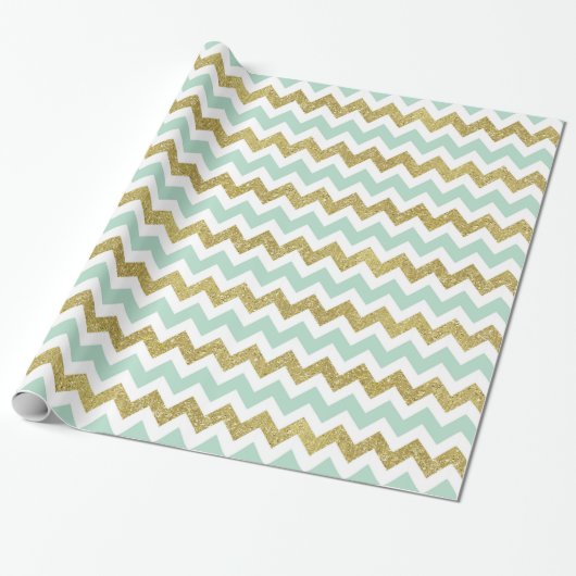 Mint en Gold Faux Glitter Chevron Cadeaupapier (Uitgerold)