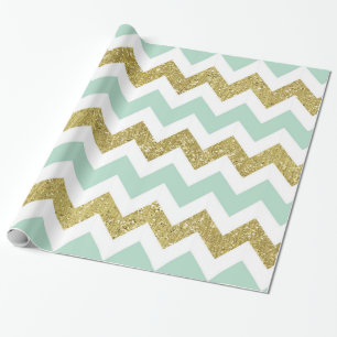 Mint en Gold Faux Glitter Chevron Cadeaupapier