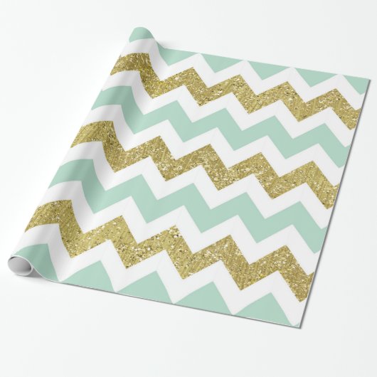 Mint en Gold Faux Glitter Chevron Cadeaupapier (Uitgerold)