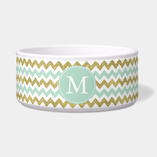 Mint en Gold Faux Glitter Chevron Monogram Voerbakje