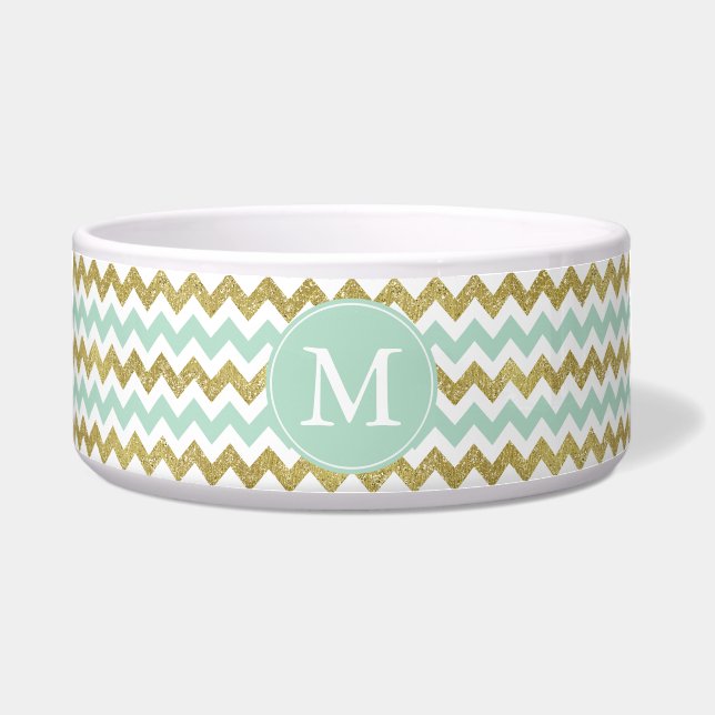Mint en Gold Faux Glitter Chevron Monogram Voerbakje (Voorkant)