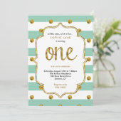 Mint en Gold First Birthday Glitter Invitation Kaart (Staand voorkant)