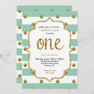Mint en Gold First Birthday Glitter Invitation Kaart