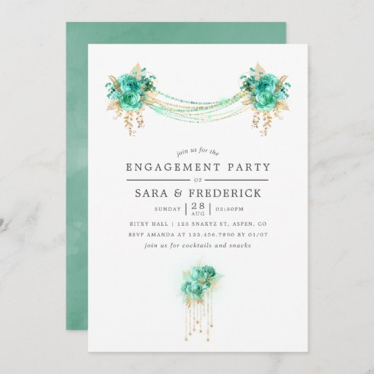 Mint en Gold Floral Licht Engagement Party Kaart (Voorkant / Achterkant)
