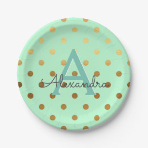 Mint en Gold Foil Polka Dots Monogram Birthday Papieren Bordje