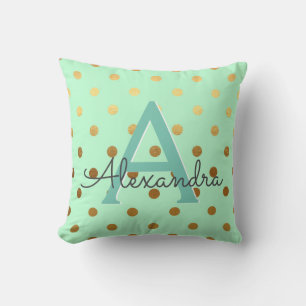 Mint en Gold Foil Polka Dots Monogram Naam Kussen