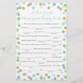 Mint en Gold Glitter Baby shower Advice Game Kaart