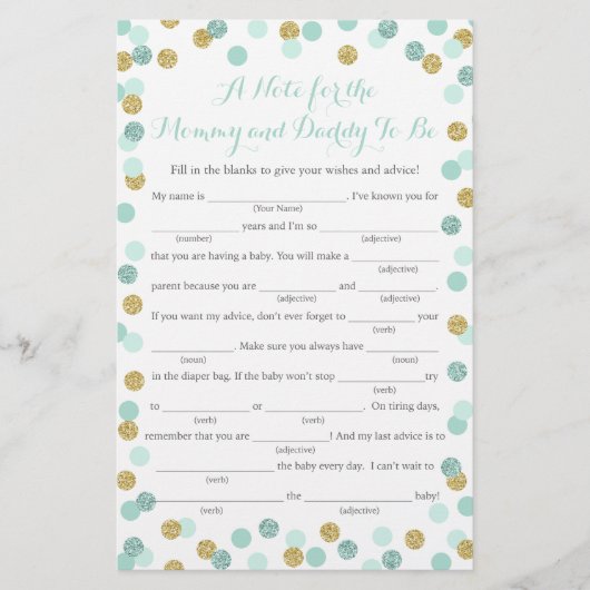 Mint en Gold Glitter Baby shower Advice Game Kaart (Voorkant)