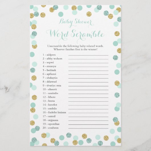 Mint en Gold Glitter Baby shower Word Scramble Flyer (Voorkant)