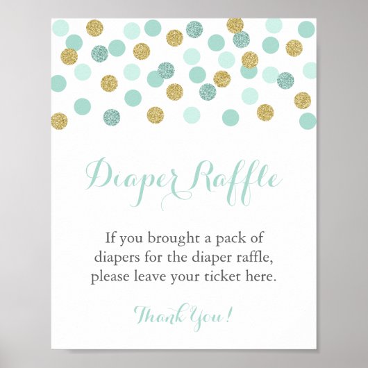 Mint en Gold Glitter Diaper Raffle Display Sign Poster (Voorkant)