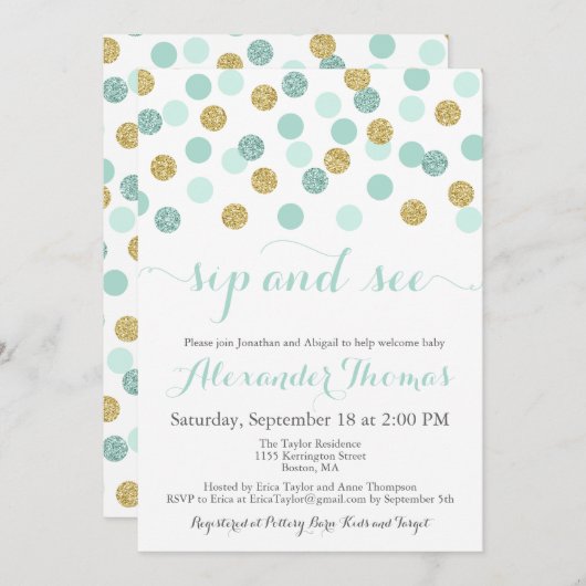 Mint en Gold Glitter Sip en Bekijk uitnodigingen (Voorkant / Achterkant)