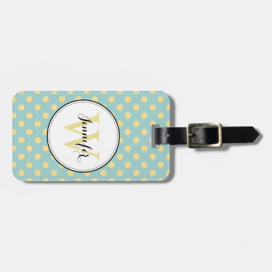 Mint en Gold Polka Dots Pattern Monogram Bagagelabel (Voorkant horizontaal)