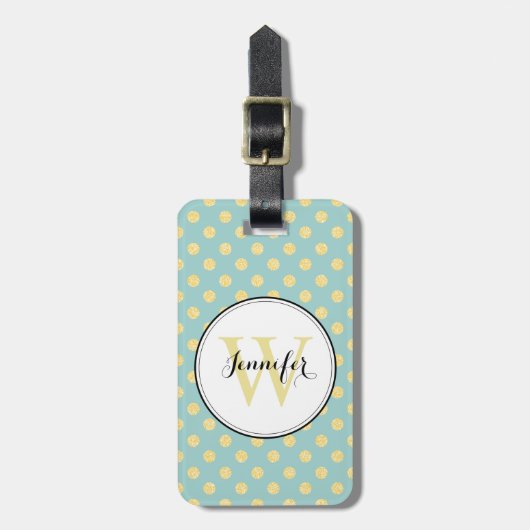 Mint en Gold Polka Dots Pattern Monogram Bagagelabel (Voorkant verticaal)