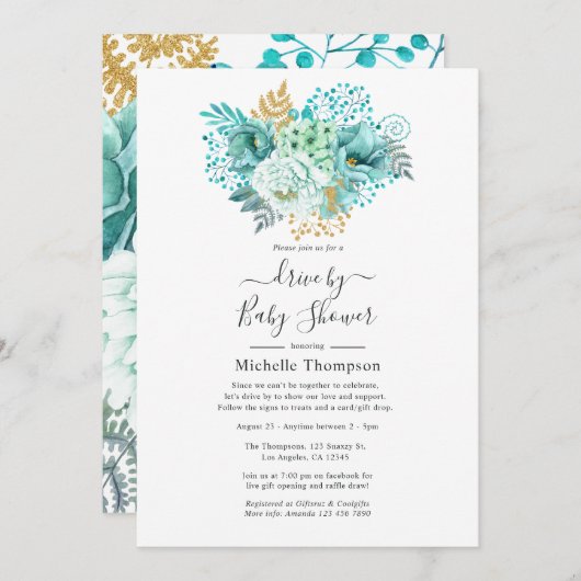 Mint- en Gold-Waterverf - Floral drive by Shower Kaart (Voorkant / Achterkant)