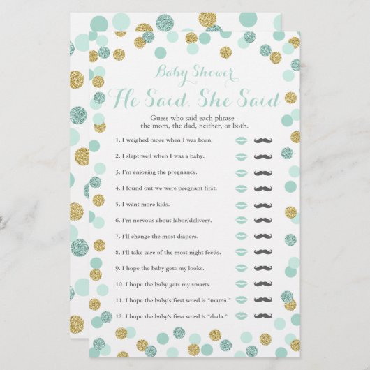 Mint en Goud Baby shower zei dat ze Game zei (Voorkant / Achterkant)