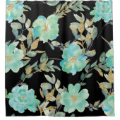 Mint en gouden bloemen op zwart douchegordijn (Voorkant)