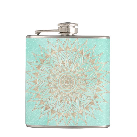 Mint en gouden mandala heupfles (Voorkant)