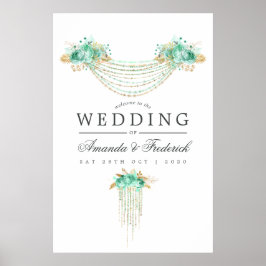 Mint en gouden String Lights Bloemen bruiloft Welk Poster