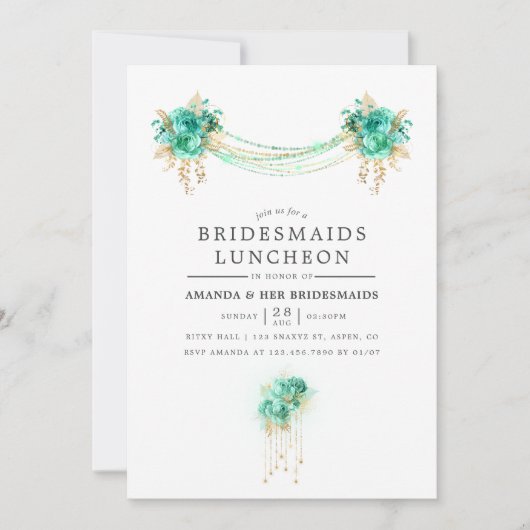 Mint en goudlampjes Bridesmaids Luncheon Kaart (Voorkant)
