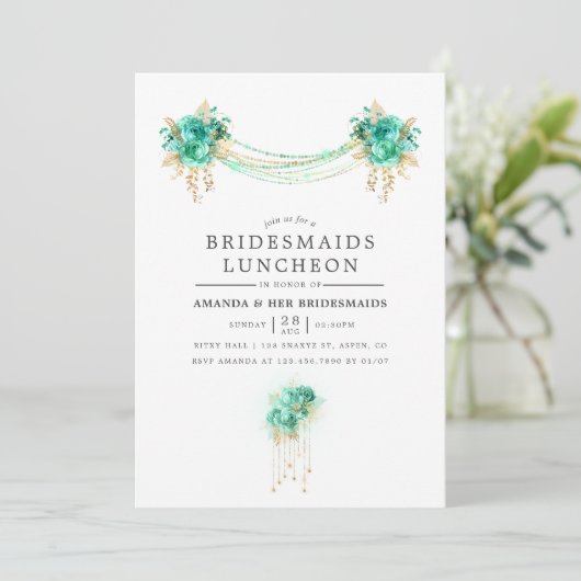 Mint en goudlampjes Bridesmaids Luncheon Kaart (Staand voorkant)