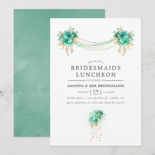 Mint en goudlampjes Bridesmaids Luncheon Kaart (Voorkant / Achterkant)